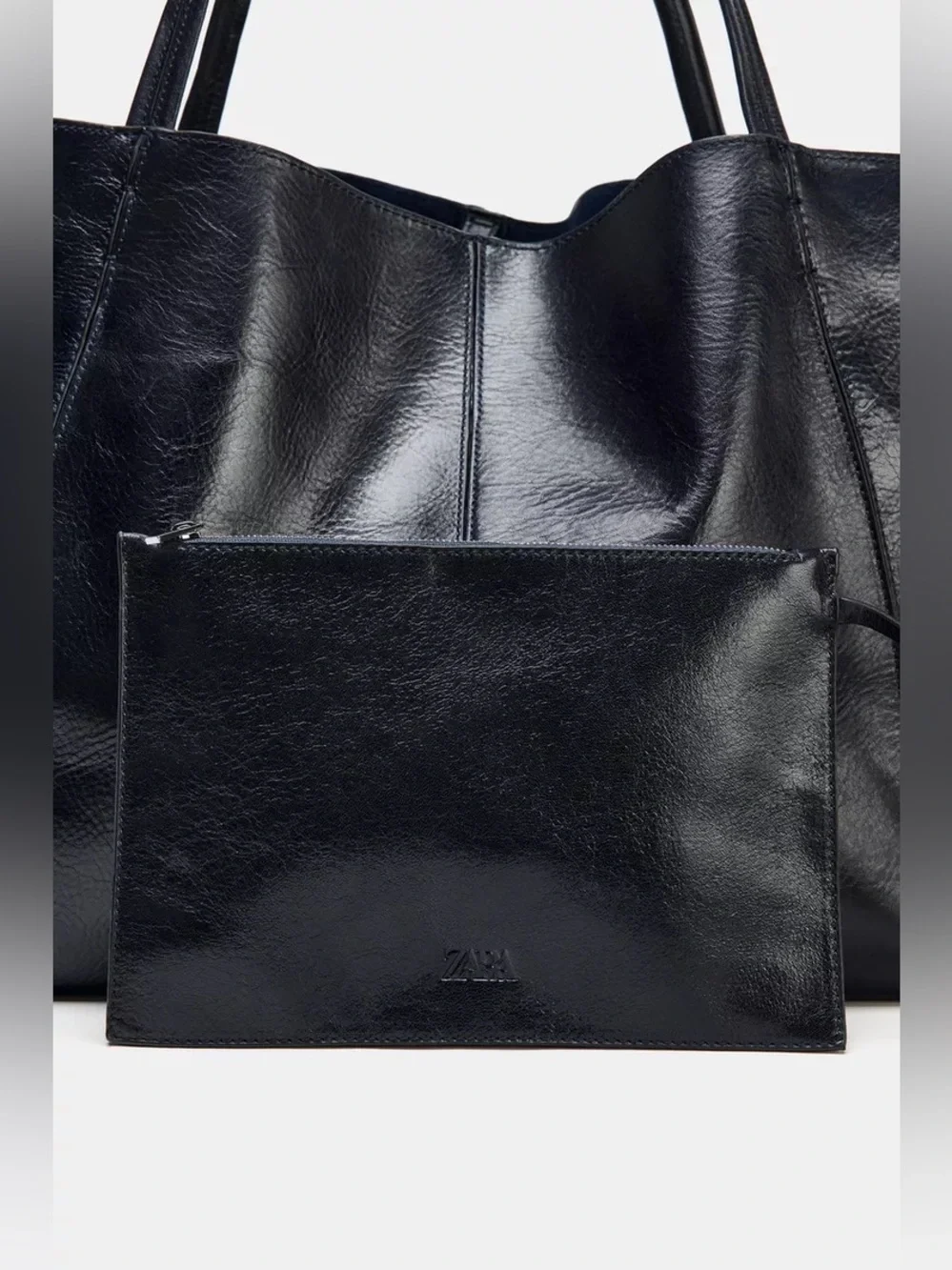 Maxi Genuine Leather Shopper Tote Bag in Navy